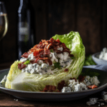 Iceberg Wedge Salad, crisp and fresh, drizzled with creamy blue cheese dressing, topped with crispy bacon bits