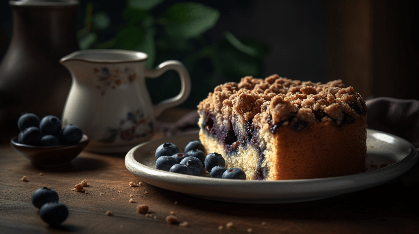 Blueberry coffee cake, moist and fluffy texture, bursting with fresh blueberries