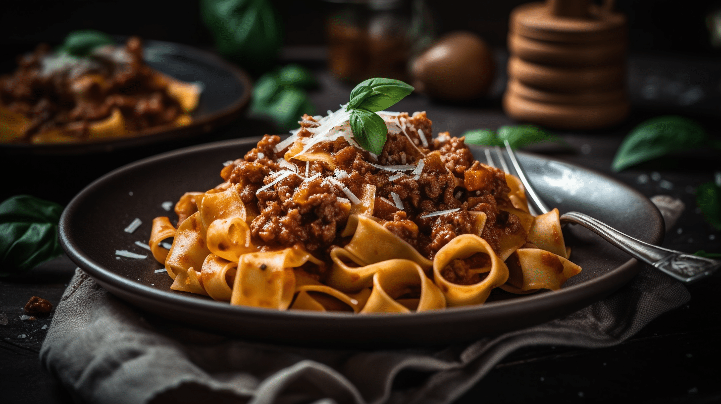 Fresh homemade pappardelle pasta, draped in rich, hearty Bolognese meat sauce