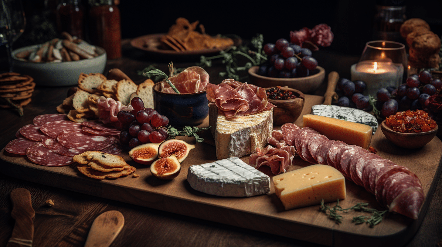 Meat & Cheese Board with Flower Salami, candied Bacon, Pigs in a Blanket
