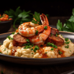 Pan Seared Shrimp over Creamy Cheese Grits with Andouille Sausage