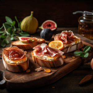 Homemade Ricotta on Crostini with Fig Jam & Prosciutto