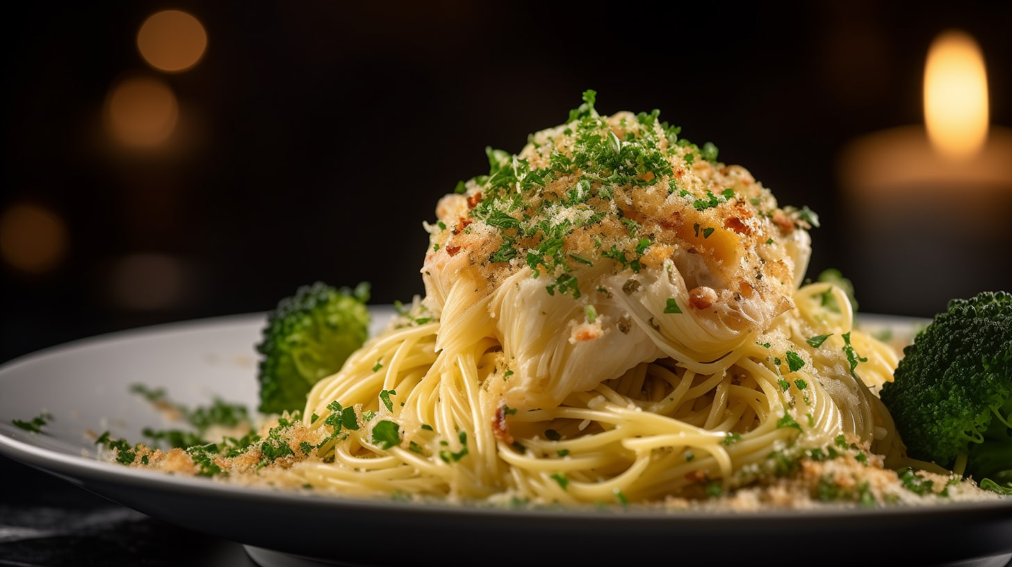 Angel Hair Pasta with fresh Crab & Lemon Gremolata, served with Roasted Garlic Broccoli