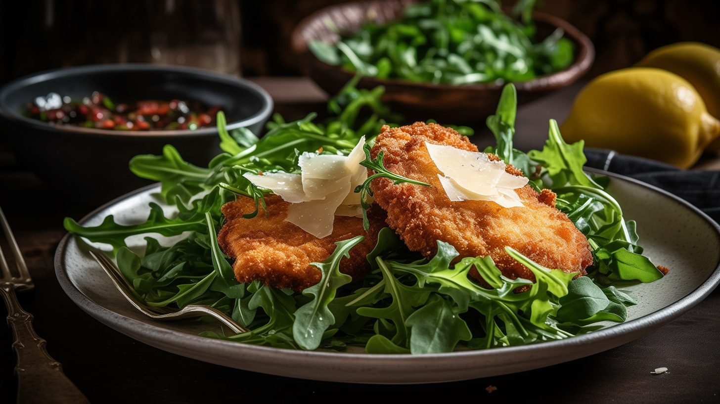 Chicken Milanese on Arugula, with Lemon Dressing and Parmesan curls