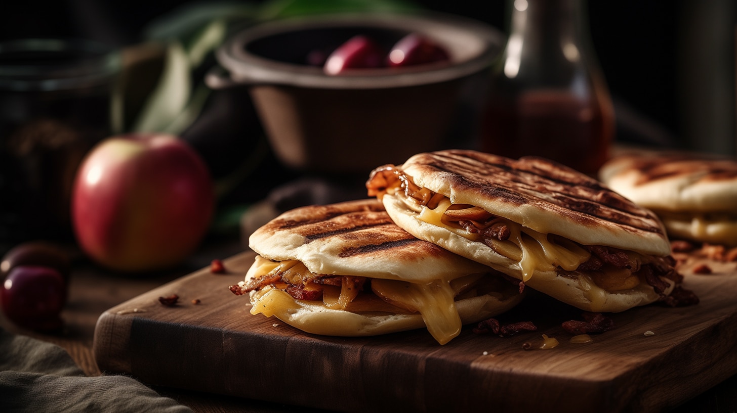 Grilled Naan Bread Snacking Sandwiches with Smokey Cheddar and Apple Bacon