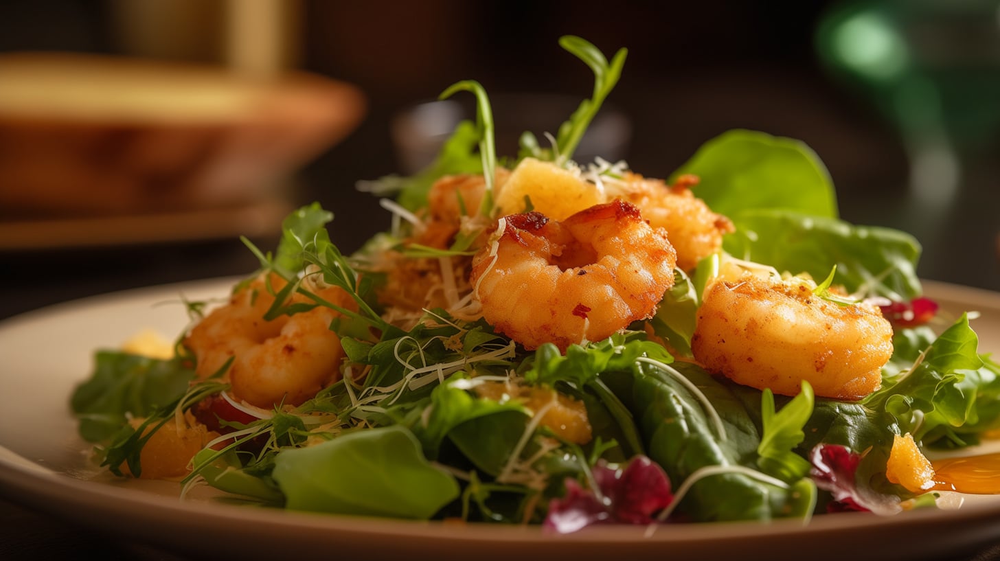 Pan-Seared Shrimp and Parmesan Croutons over Mixed Greens