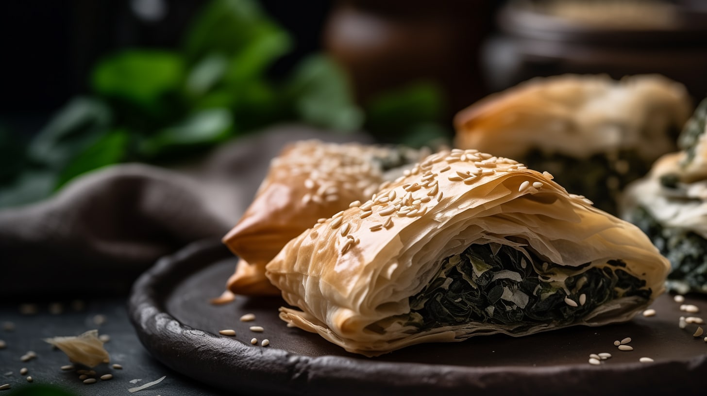 Spanakopita (flakey Pastry Triangles with Spinach, Nutmeg, & Feta Cheese)