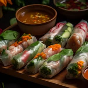 Vietnamese Summer Rolls with fresh Vegetables wrapped in Rice Paper Wrappers
