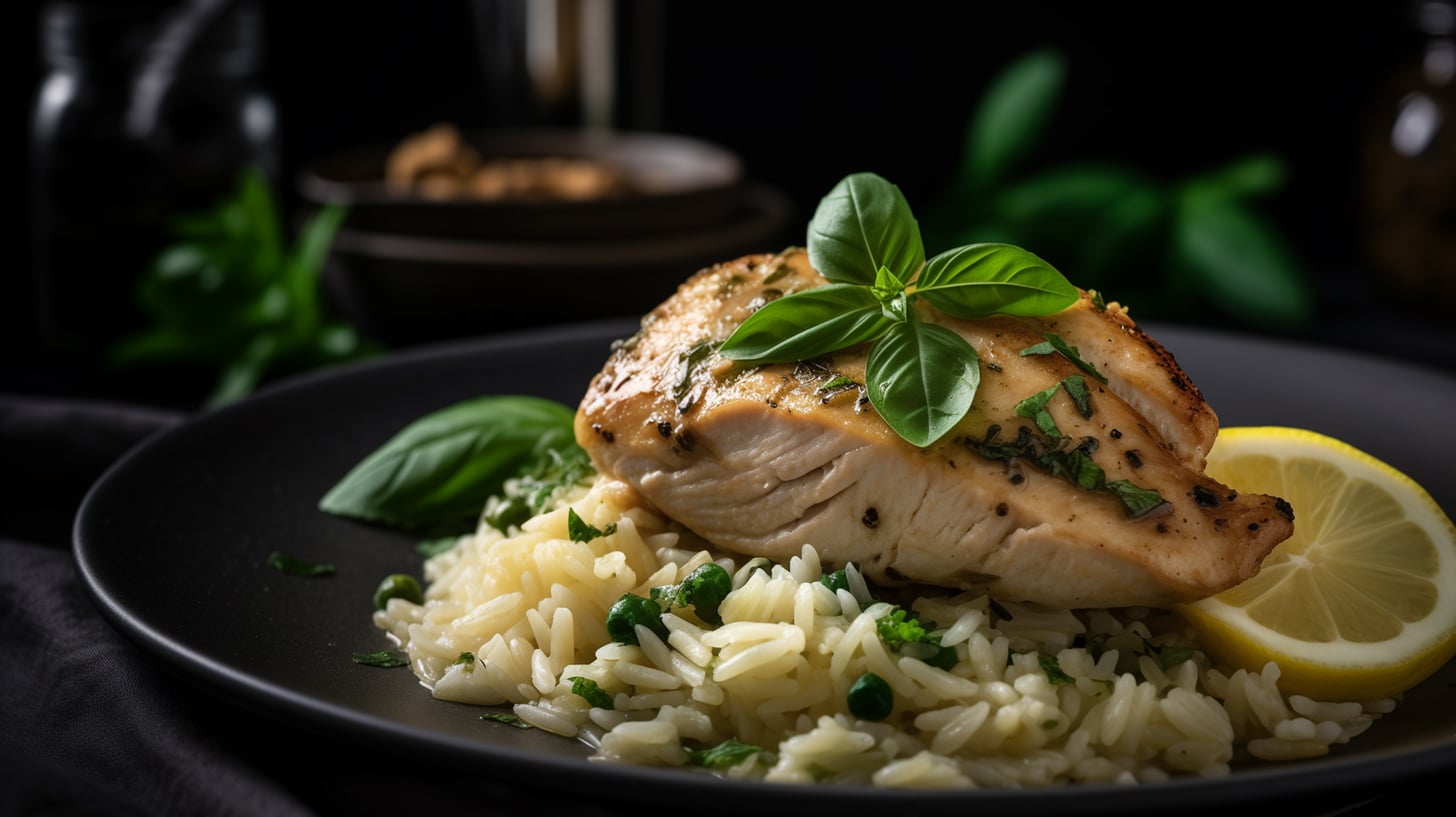 Sauteed Lemon Basil Chicken Breast over Rice Pilaf with fresh Basil