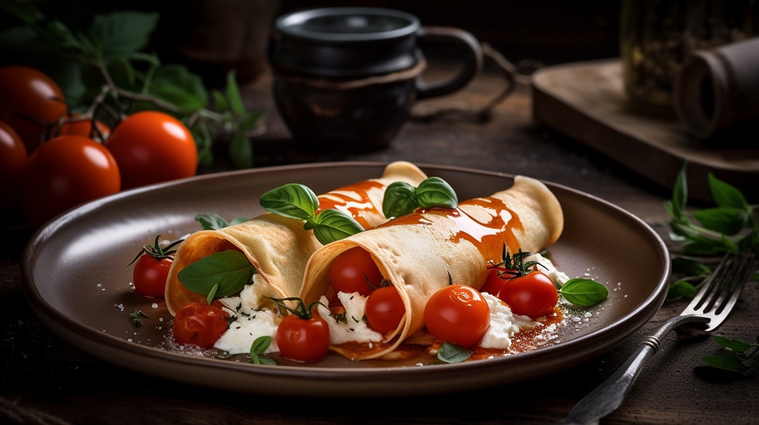 Black Pepper Crepes with Tomatoes and Goat Cheese