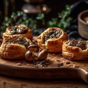 Boursin Mushroom Puffs (Sautéed Mushrooms and Onions mixed with Garlic and Herb Boursin Cheese and wrapped into little Puff Pastry Bites)