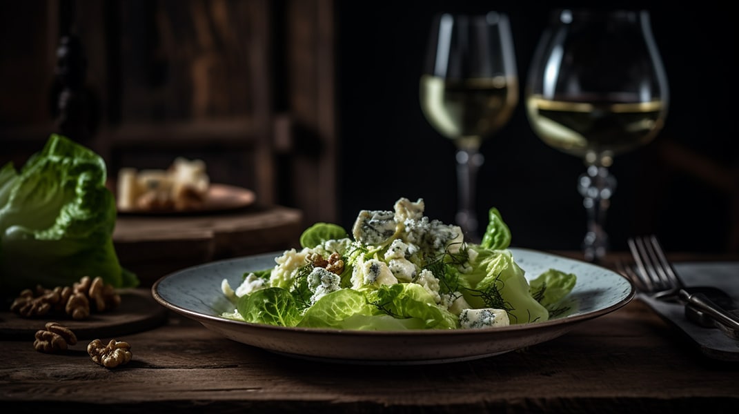 Butter Lettuce, Walnut, & Blue Cheese Salad with Creamy Italian Dressing, served with Pinot Grigio.