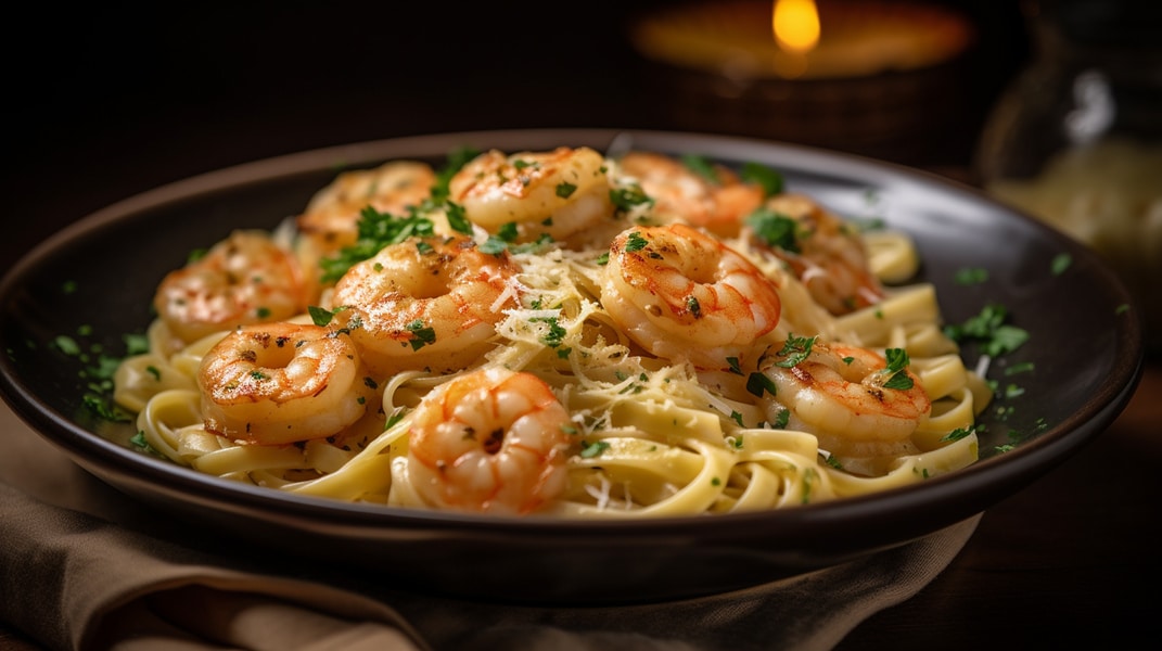 Buttery Garlic Shrimp Scampi over Homemade Fettucine Noodles