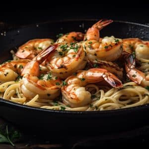 Cast Iron Garlic Butter Shrimp over Spaghetti Noodles