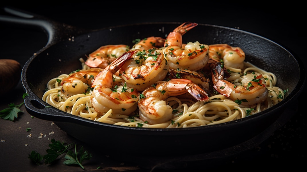 Cast Iron Garlic Butter Shrimp over Spaghetti Noodles