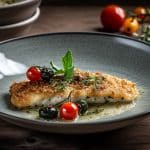 Crispy Flounder and Roasted Tomatoes (Mild White Fish with a fresh Herb and Panko Crust served with roasted Tomatoes and Capers)