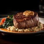 Flame Cooked New York Steak with Blazing Jack Daniels Cream Sauce; Steakhouse Spinach Gratin; Slow Cooked Brown Butter & Champagne Risotto, and Agave Glazed Fresh Carrots