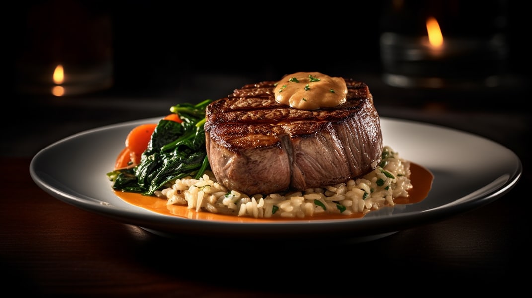 Flame Cooked New York Steak with Blazing Jack Daniels Cream Sauce; Steakhouse Spinach Gratin; Slow Cooked Brown Butter & Champagne Risotto, and Agave Glazed Fresh Carrots