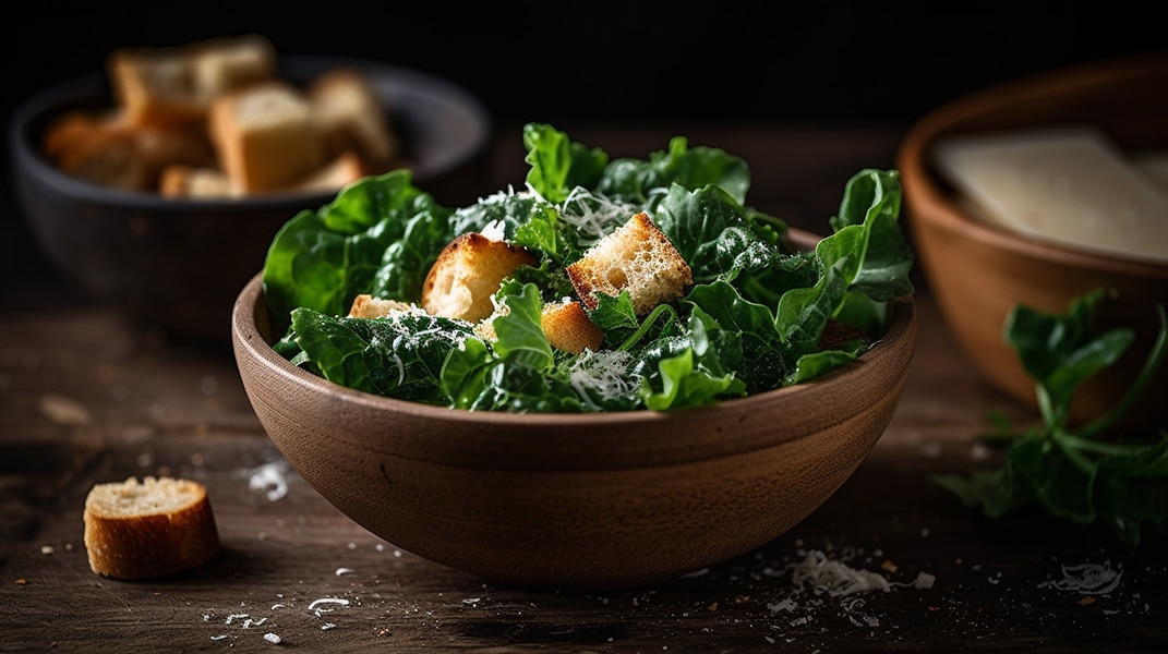 Salad of Baby Kale with Creamy Caesar Dressing & French Bread Croutons