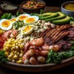 loaded Surf-and-Turf-inspired Cobb Salad with smoky grilled Shrimp, Corn, and Steak atop Romaine, Eggs, Avocado, and Cheddar Cheese