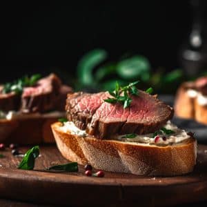 Sliced Steak Crostini with Homemade Horseradish Ricotta