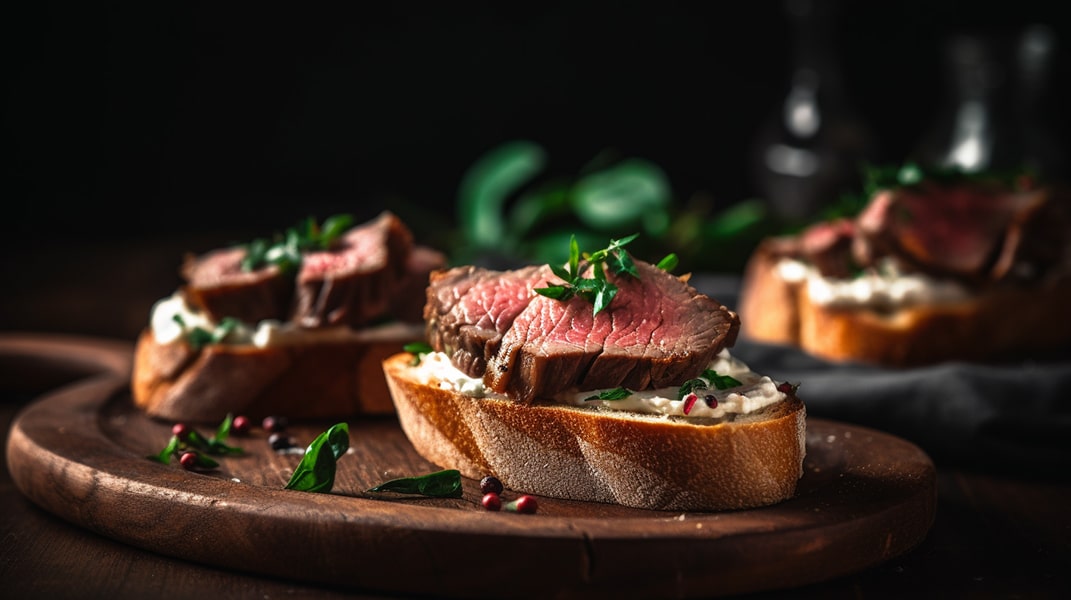 Sliced Steak Crostini with Homemade Horseradish Ricotta