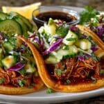 Asian-Style Pulled Pork Tacos with Pear and Cucumber Slaw