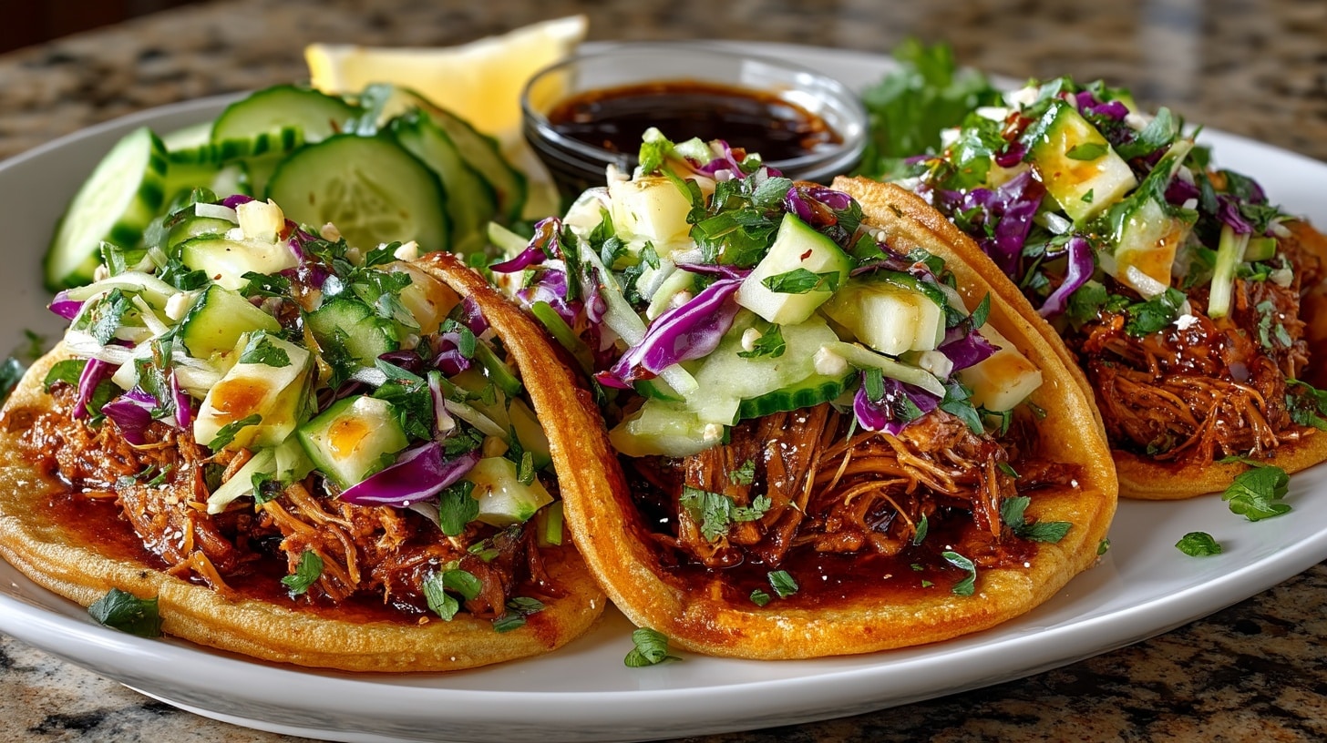 Asian-Style Pulled Pork Tacos with Pear and Cucumber Slaw