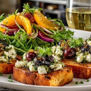 Bruschetta with Black Olive Pesto, Ricotta, and Basil Amuse and Arugula, Fennel, and Orange Salad, served with Chardonnay