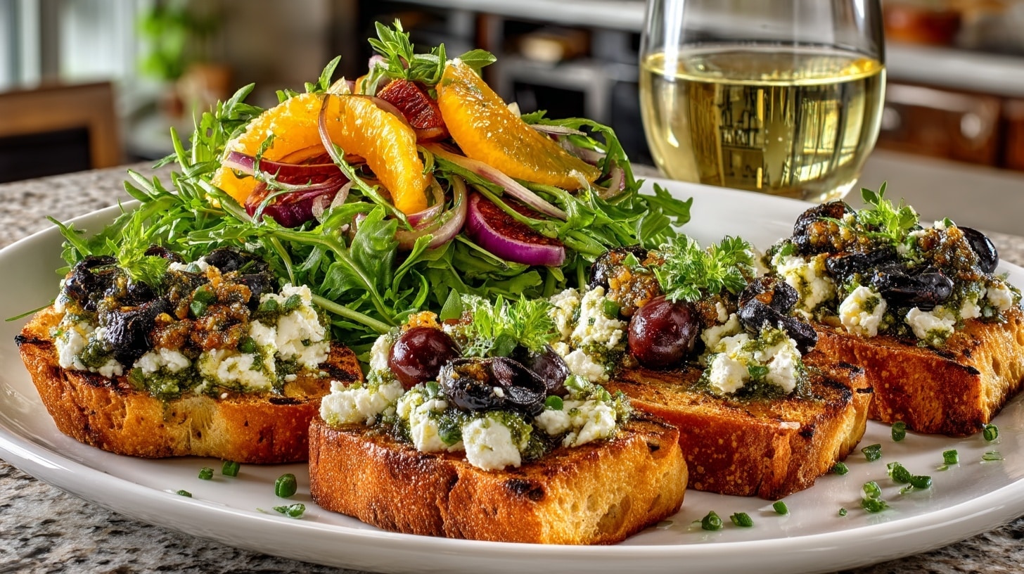 Bruschetta with Black Olive Pesto, Ricotta, and Basil Amuse and Arugula, Fennel, and Orange Salad, served with Chardonnay