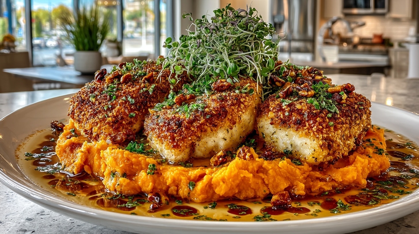Cast Iron Pecan-crusted Sole Fillets & Mashed Sweet Potatoes with Chipotle