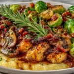 Chicken with Mushrooms and Balsamic Bacon Sauce over Creamy Polenta, served with Roasted Brussels Sprouts