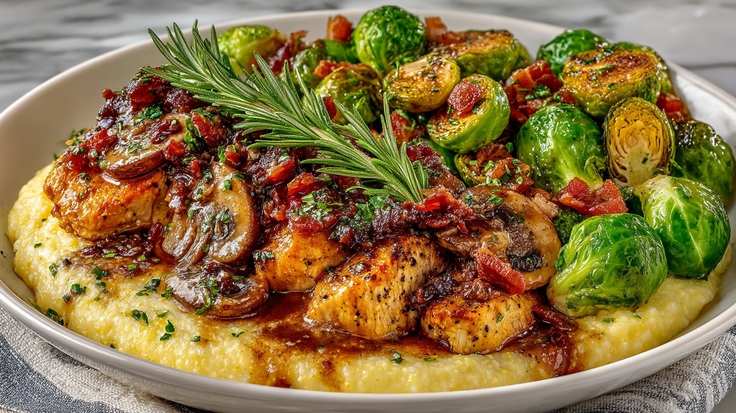 Chicken with Mushrooms and Balsamic Bacon Sauce over Creamy Polenta, served with Roasted Brussels Sprouts