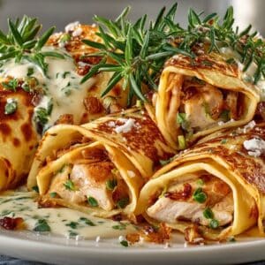 Crepes filled with Turkey and drizzled with Tarragon White Wine Sauce