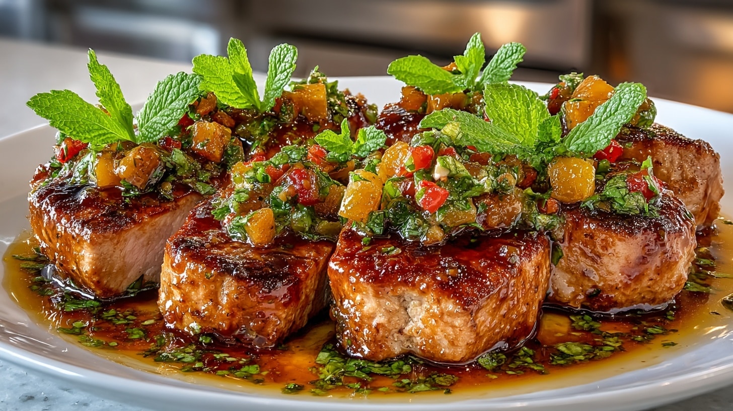 flame-roasted Five Spice & Hoisin Glazed Pork Tenderloin with Mint Salsa