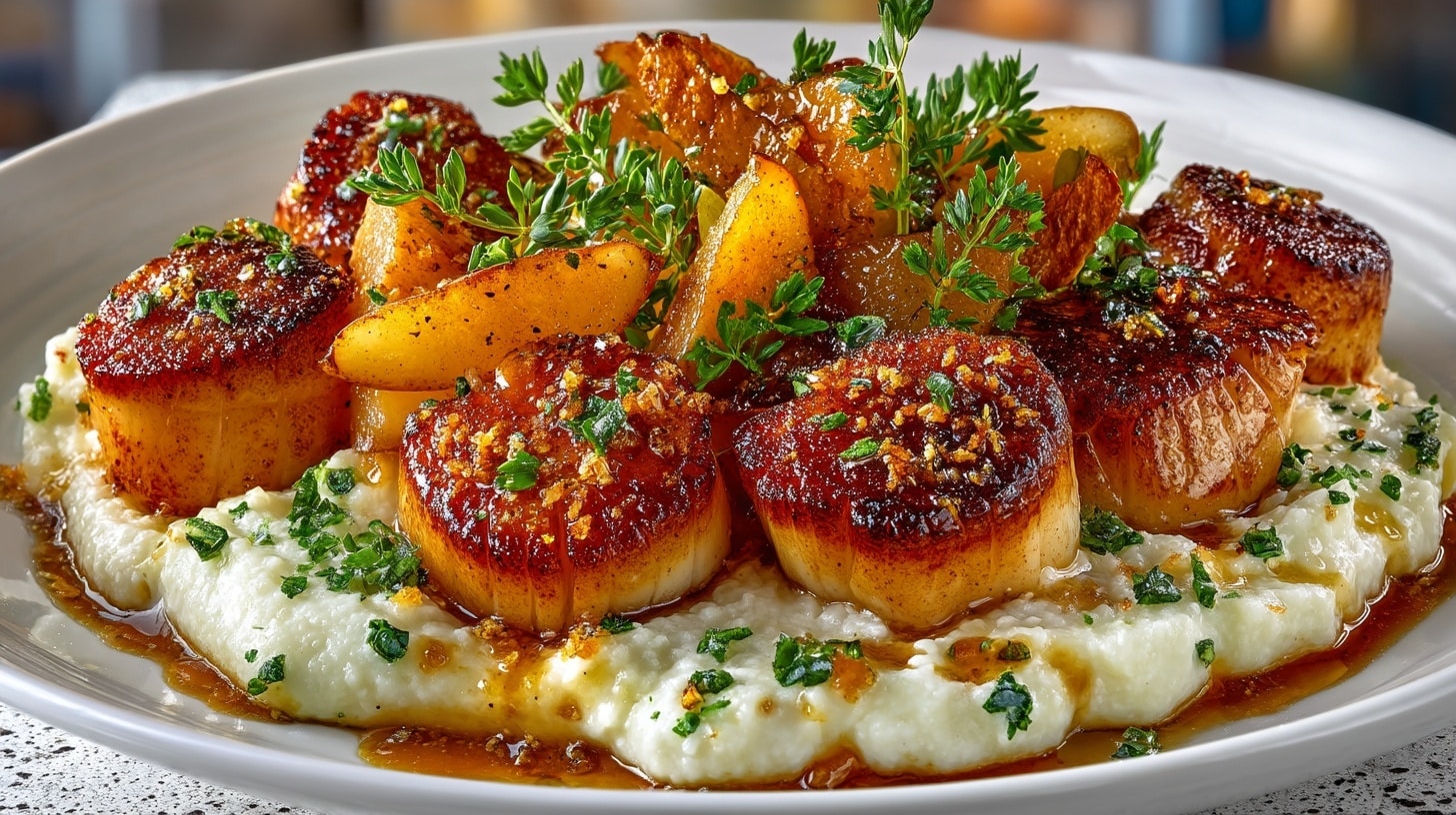 Haikkido Scallops, Silky Cauliflower, and Caramelized Pears