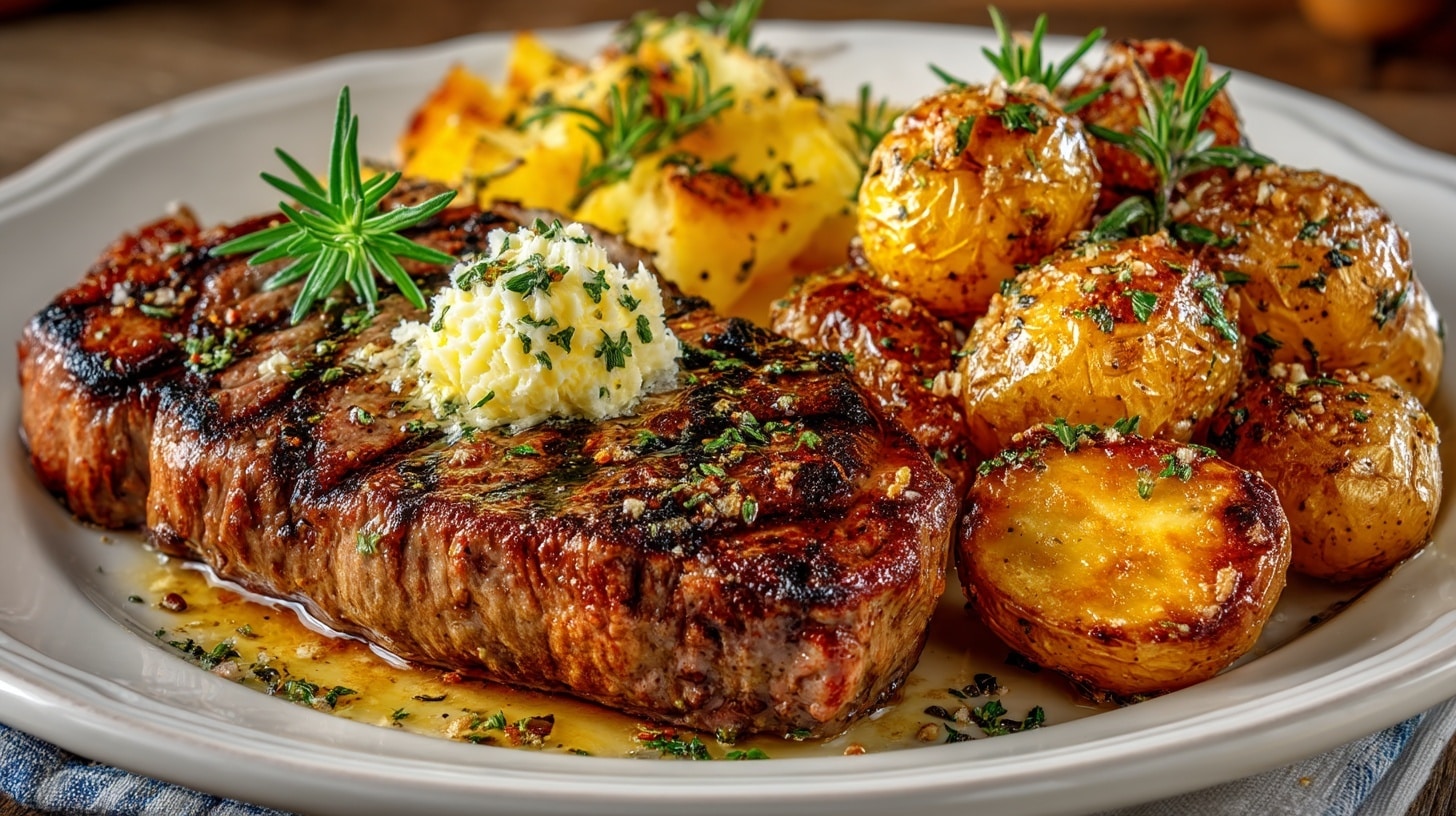 New York Steak with Maître d’ Butter; Petite Baked Potatoes