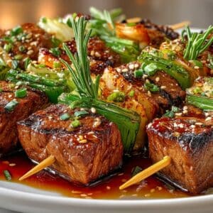 Sesame marinated New York Steak & Scallion Kebabs