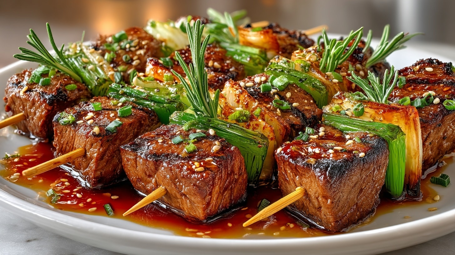 Sesame marinated New York Steak & Scallion Kebabs