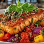 Salmon Pepperonata with Tomato, Bell Pepper, Onion Sauce, Capers & Basil