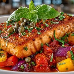 Salmon Pepperonata with Tomato, Bell Pepper, Onion Sauce, Capers & Basil