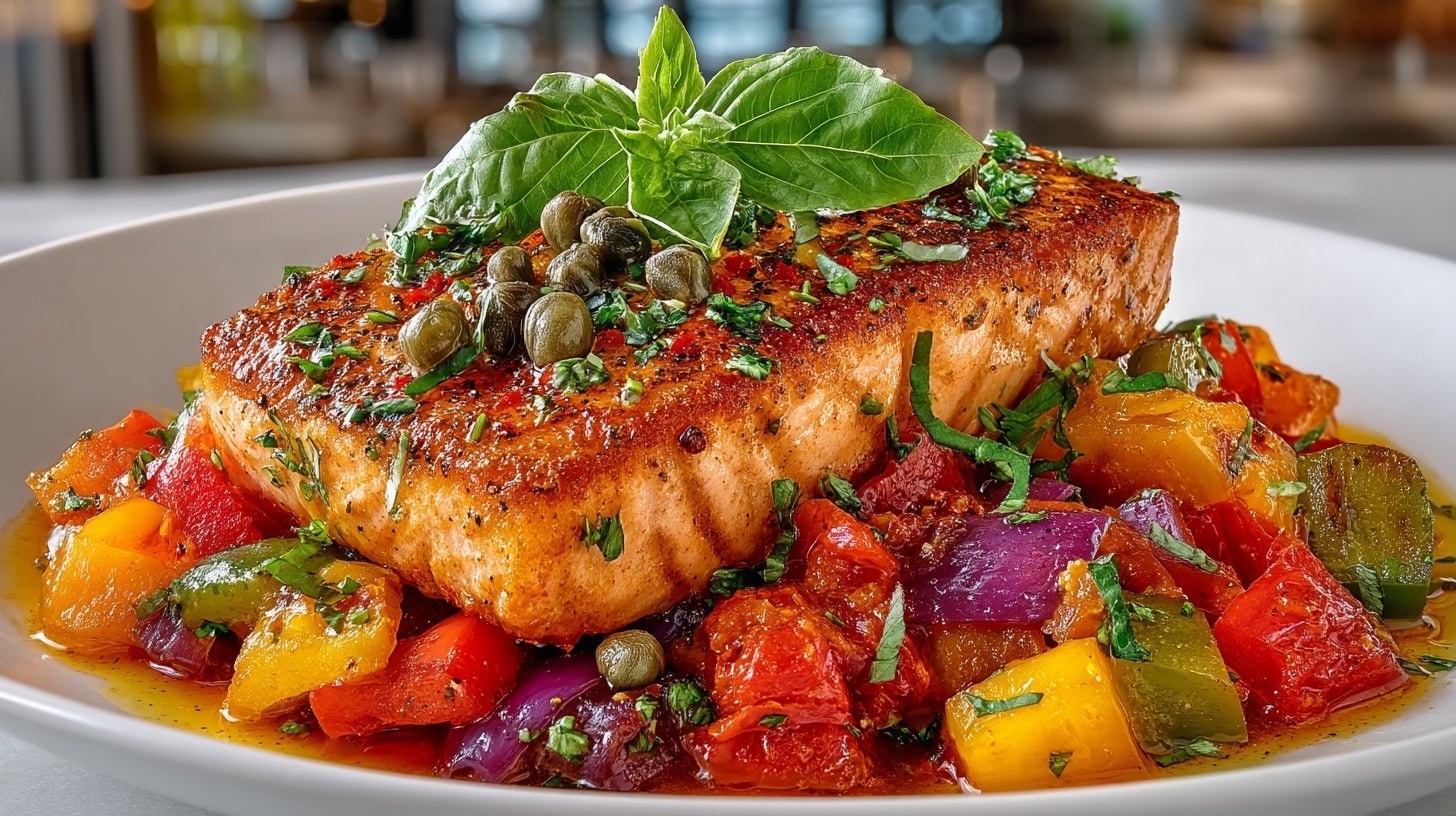 Salmon Pepperonata with Tomato, Bell Pepper, Onion Sauce, Capers & Basil