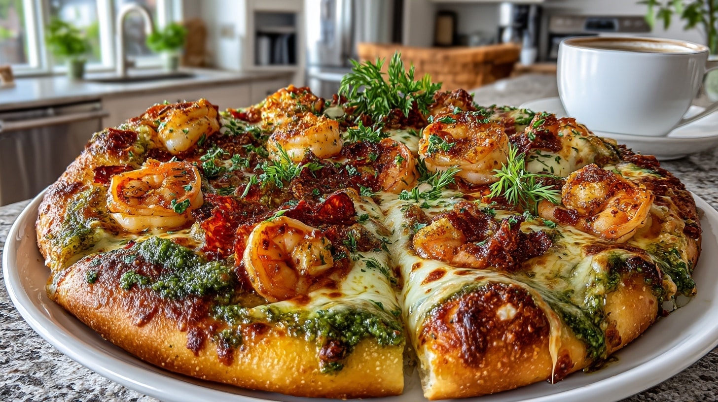 Shrimp Scampi Pesto Pizza
