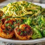 Honey Garlic Butter Shrimp and Broccoli, served with Sesame Garlic Noodles and Scallions