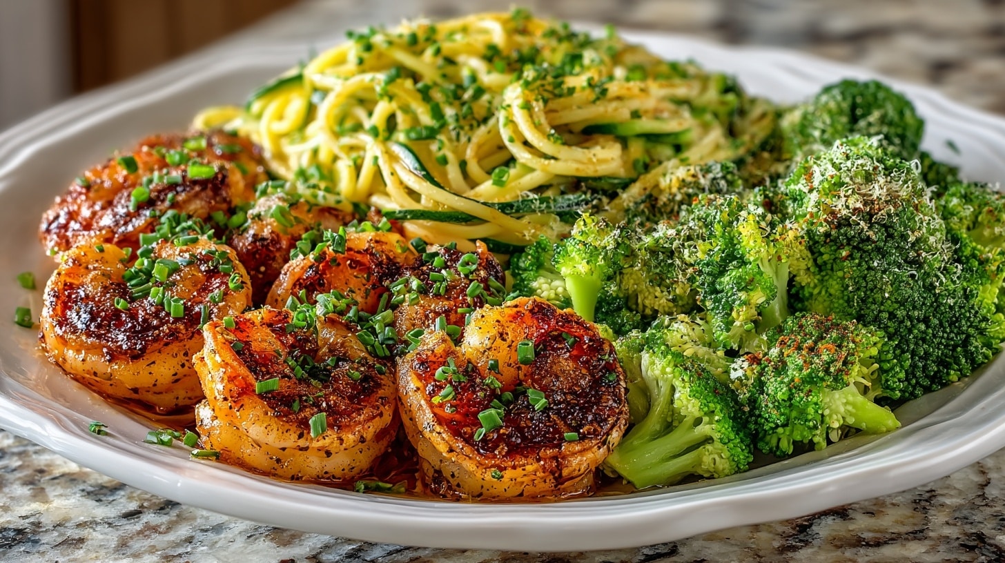 Honey Garlic Butter Shrimp and Broccoli, served with Sesame Garlic Noodles and Scallions
