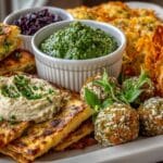 SPREADS AND DIPS BOARD of Piadini (Italian Flatbreads); Cheese Crisps; Ricotta Crackers; Pesto Bites, and Cannellini Bean Hummus