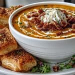 Sweet Potato Soup with Buttered Pecans with Cheesy Bacon wrapped Puff Pastry Twists