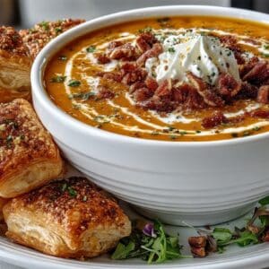 Sweet Potato Soup with Buttered Pecans with Cheesy Bacon wrapped Puff Pastry Twists