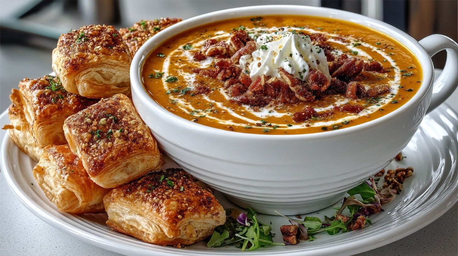 Sweet Potato Soup with Buttered Pecans with Cheesy Bacon wrapped Puff Pastry Twists