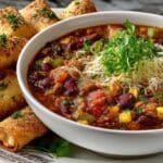 Party Style Taco Soup with Green Chile Chicken Taquito Dunkers